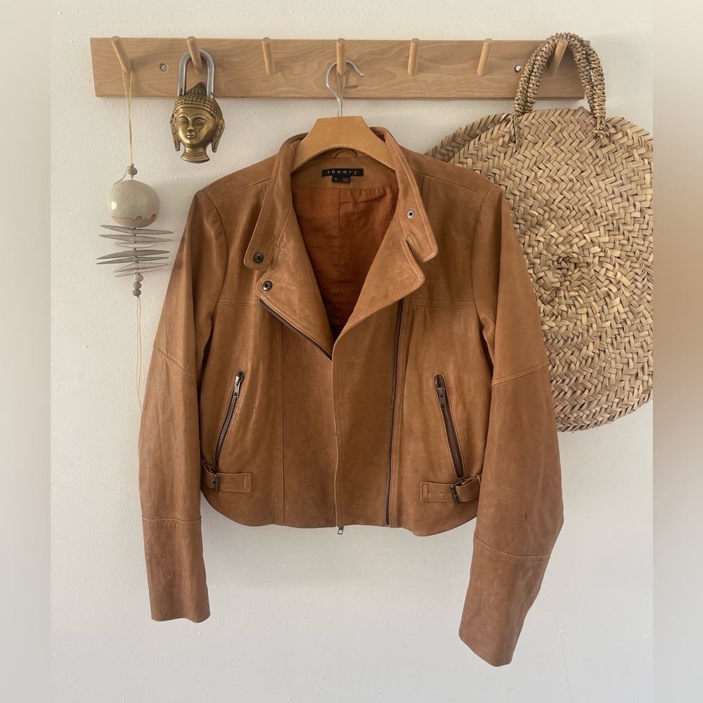 Theory Cognac Leather Moto Jacket Size L